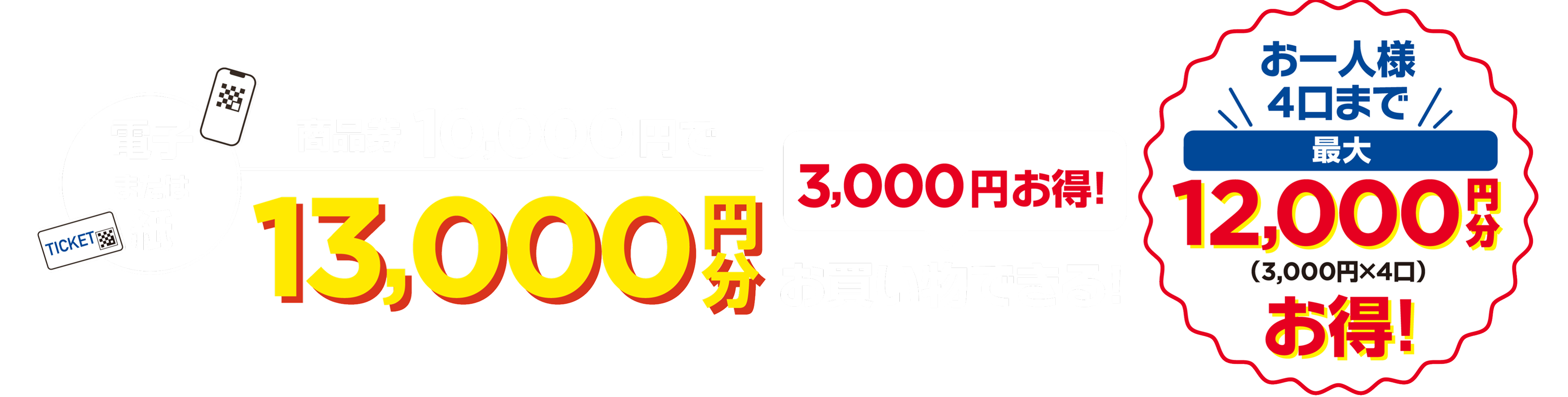 商品券10,000円で13,000円分お買い物できる！お一人様4口まで最大12,000円分お得！